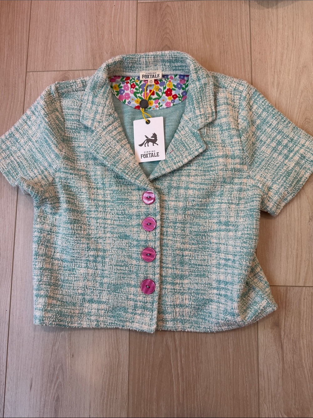 Girls' Mint Tweed Button-Up Top with Pink Buttons